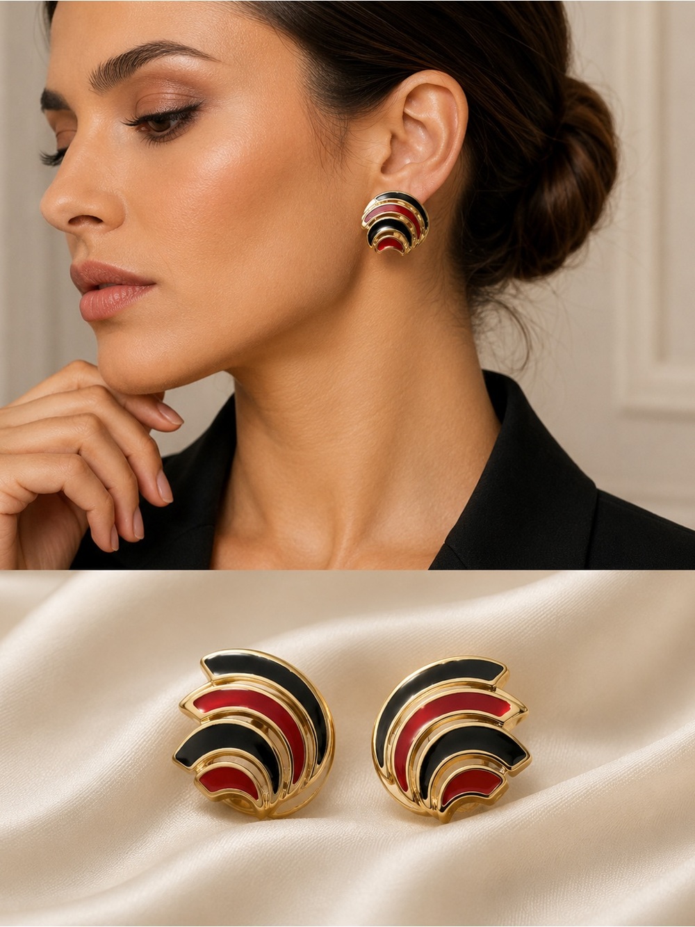 Vintage Gold Tone Black Red Enamel Fan Earrings Art Deco Style